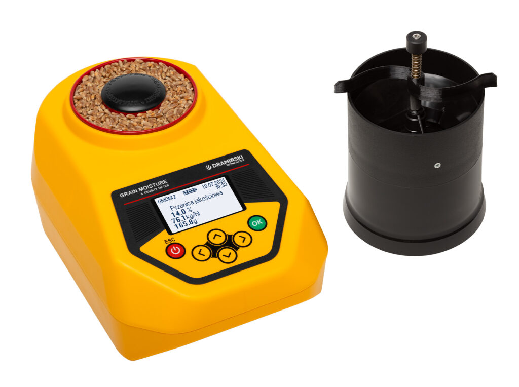 Wilgotnościomierz do zboża GMDM2 z dozownikiem i wynikiem pomiaru wilgotności