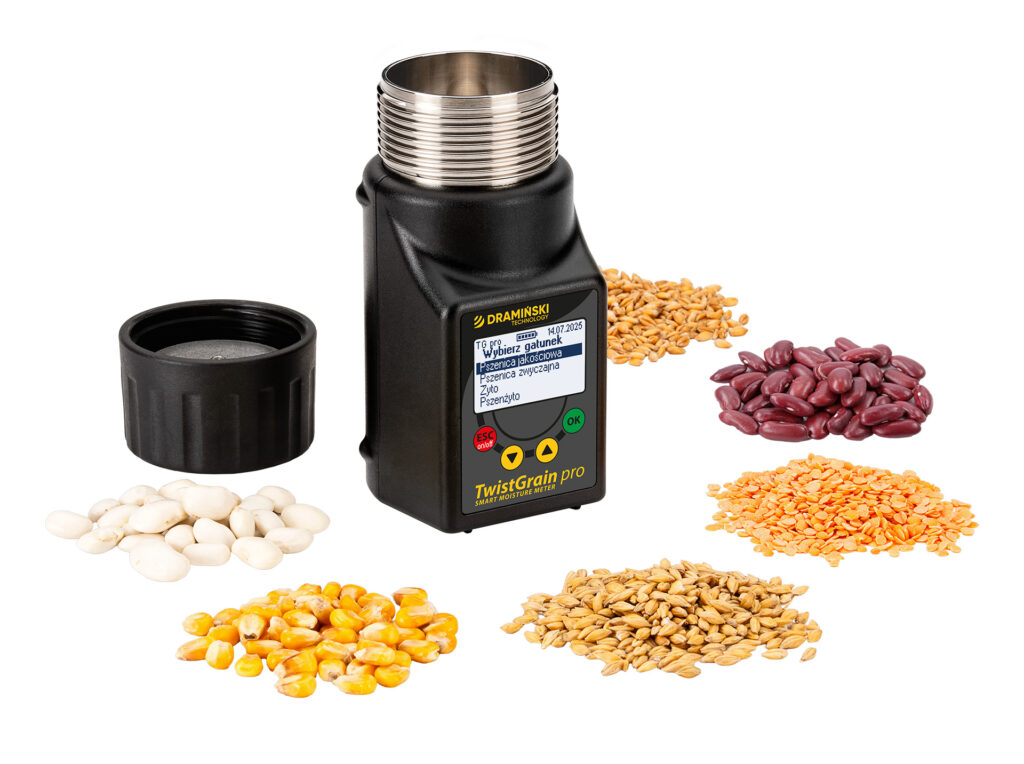 dobry polecany miernik tester aparat do pomiaru mierzenia badania sprawdzania wilgotności wilgoci zawartości wody zboża, żyta, trawy, kawy, orzechów, zakręcany z dociskiem ziarna